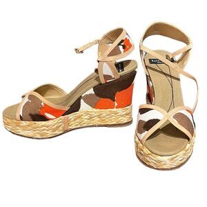 Kate Spade Anguilla Chocolate Rose Print Natural Vacchetta Wedge Heels, 6B, EUC